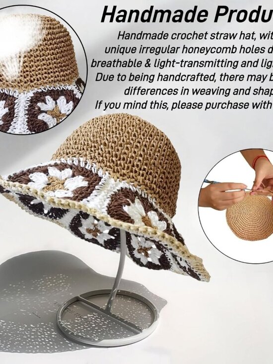 Women Foldable Summer Wide Brim Packable Sun Hat Travel Straw Fedora Hat Floral4